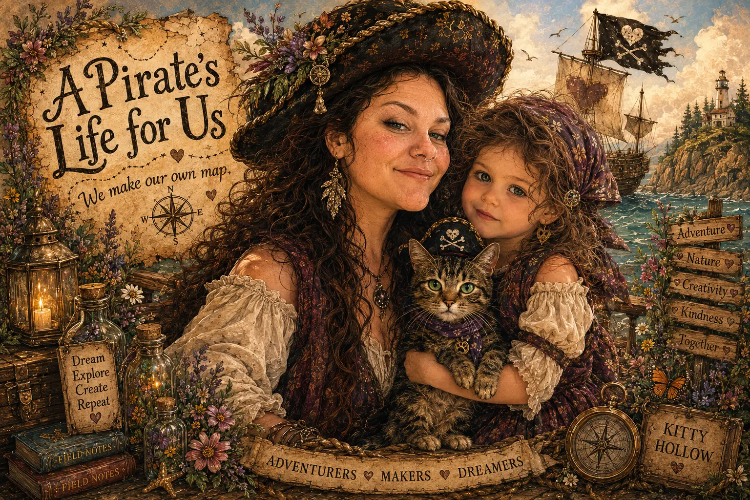 Dixie, Indy and Poopsie the pirate cat, surrounded by compass roses, field notes, lanterns and wildflowers